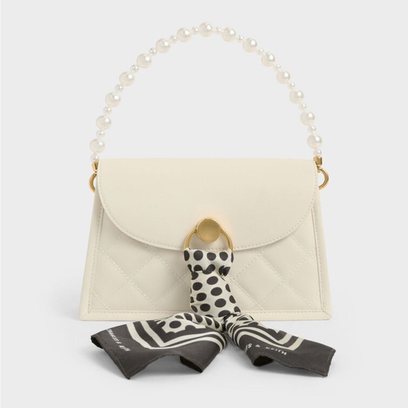Charles & Keith Roza Beaded Handle Scarf Bag in Cream NWT - Picture 1 of 16